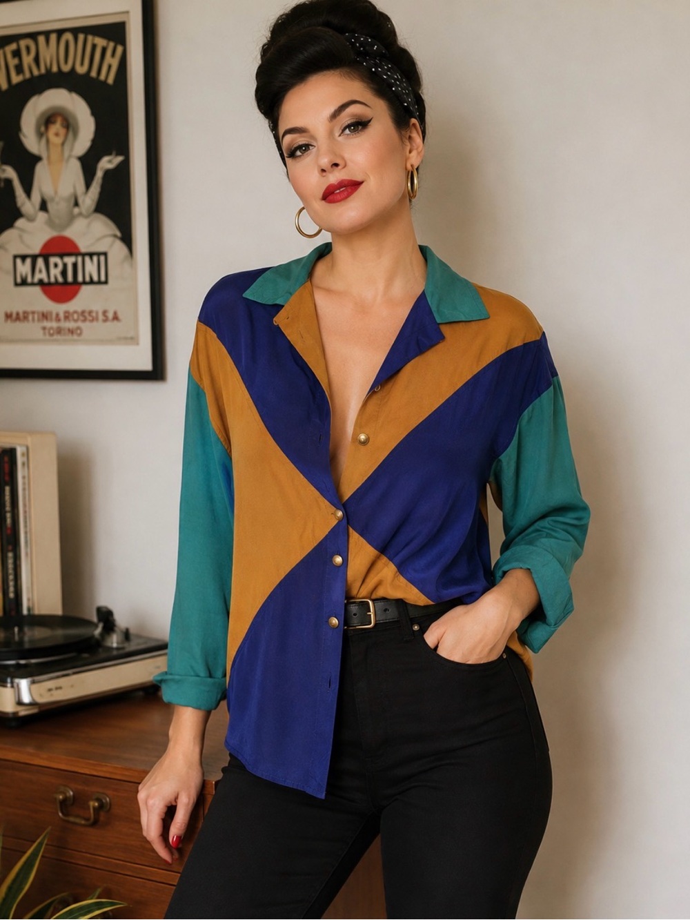 Vtg 80s Top 100% Silk Color Block Blouse Gold Buttons Shoulder Pads Size L NEW